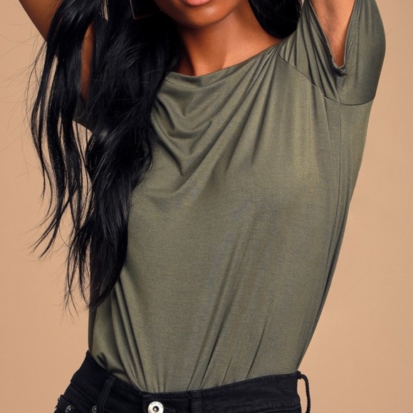 Lulus Basics Skyra Olive Green T-shirt Bodysuit - Size M - Picture 1 of 1